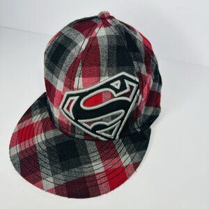 DC Comics Superman Hat Cap Plaid Flannel Superhero S/M Ages 14+ Red Black Gray